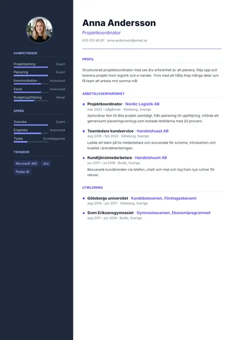 Modern CV-mall med mörk sidokolumn med foto och kompetenser och språk med nivåstaplar, och namn, kontaktuppgifter, profil, erfarenhet och utbildning i huvudkolumnen.