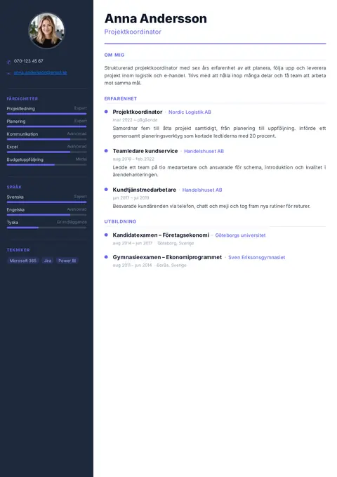 Modern CV-mall med mörk sidokolumn med foto, kontaktuppgifter och färdigheter och språk med nivåstaplar, och namn, profil, erfarenhet och utbildning i huvudkolumnen.